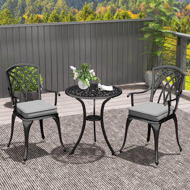 3 Piece Cast Aluminium Garden Bistro Set with Cushions and Parasol Hole Black by Outsunny