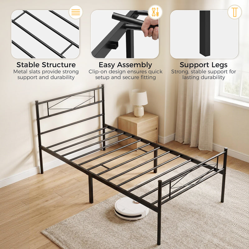 Black Metal Frame For Single Mattress, Headboard, Footboard, 21 Stone Weight Capacity