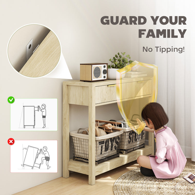 Modern Console Table with Fluted Drawers and Shelf for Hallway or Living Room, Natural Wood Finish