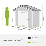 Image of a small grey metal outdoor garden storage shed with apex roof