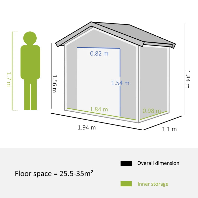 Image of a small grey metal outdoor garden storage shed with apex roof