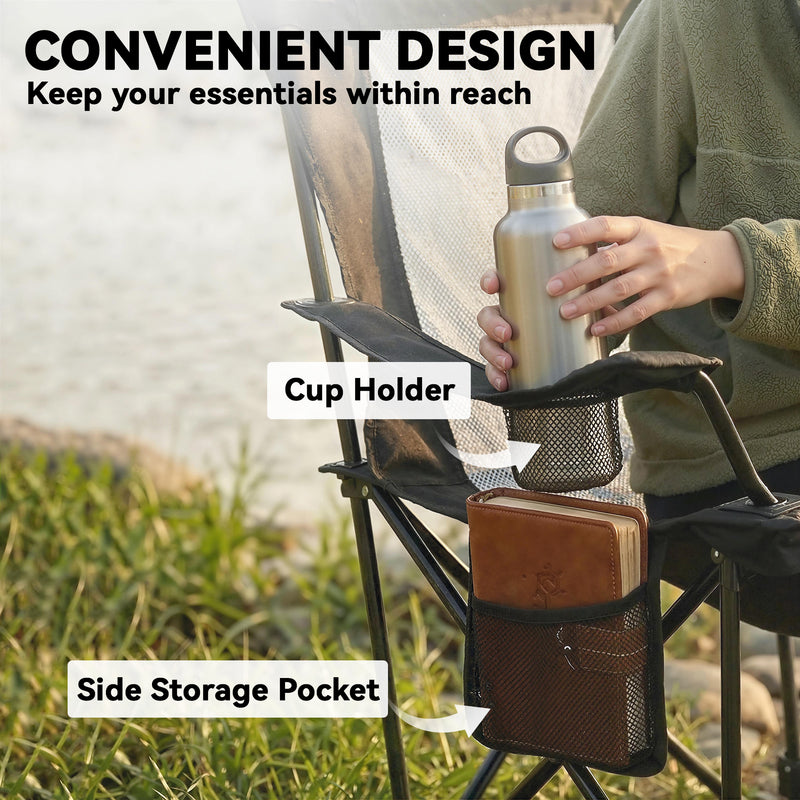 Set of 2 Reclining Camping Chairs with Adjustable Backrest and Cup Holder Black
