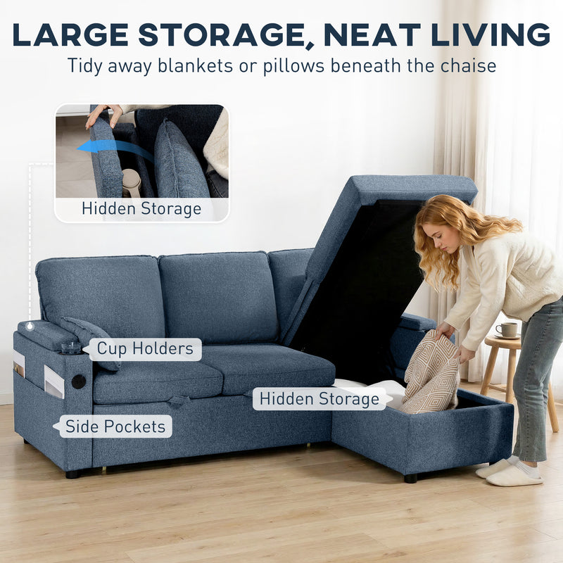 Corner Sofa Bed with Storage and USB Charging for Small Living Rooms Blue AOSOM