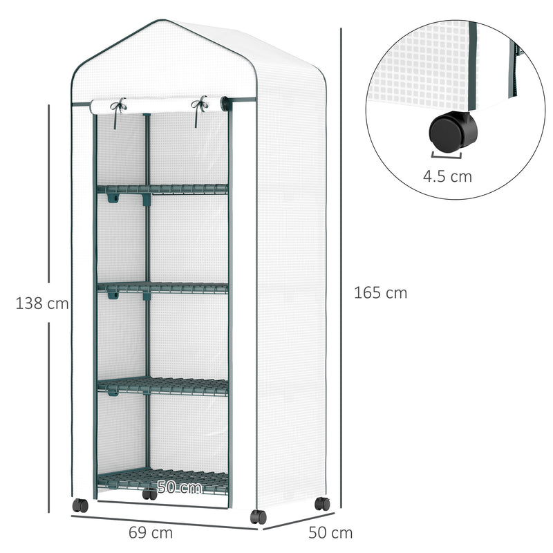 Outsunny 4 Tier Mini Portable Greenhouse Compact Plant Grow Shed Metal Frame PE Cover with Lockable Rolling Wheels , White