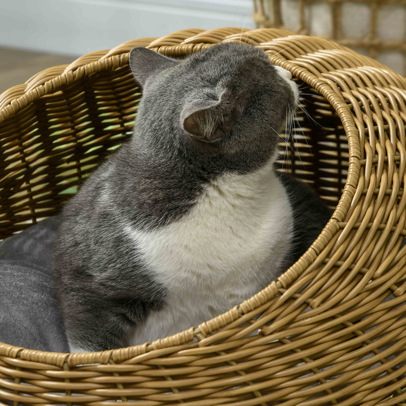 Wicker Cat House with Soft Washable Cushion Ideal for Indoor Use, Light Brown AOSOM