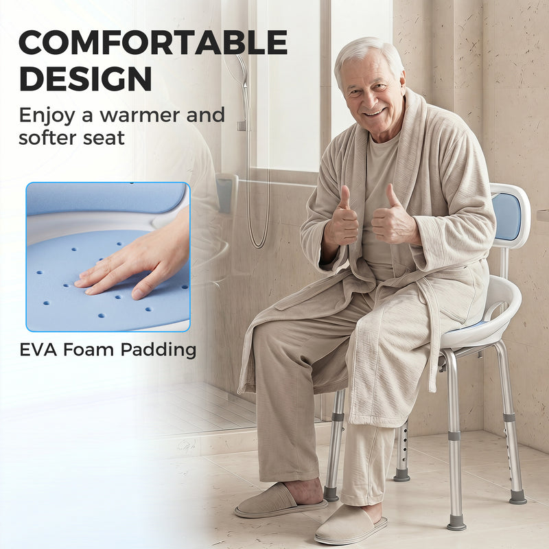 Shower Stool with Height Adjustment and Non Slip Feet for Safe Bathing White Blue