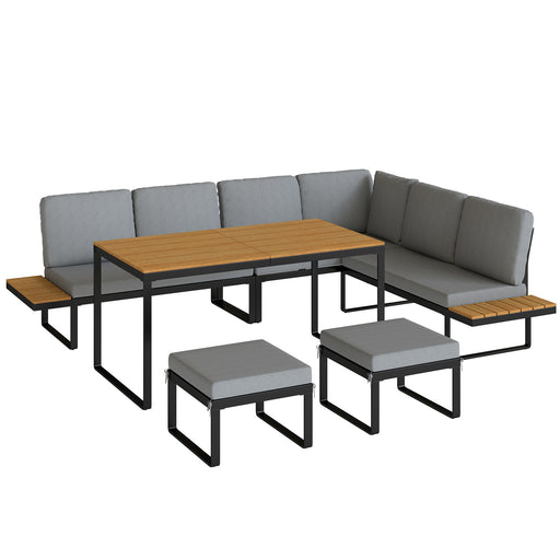 Outdoor Modular Sofa Dining Set for 8 with Cushions and Dining Table Grey and Wood Effect Outsunny