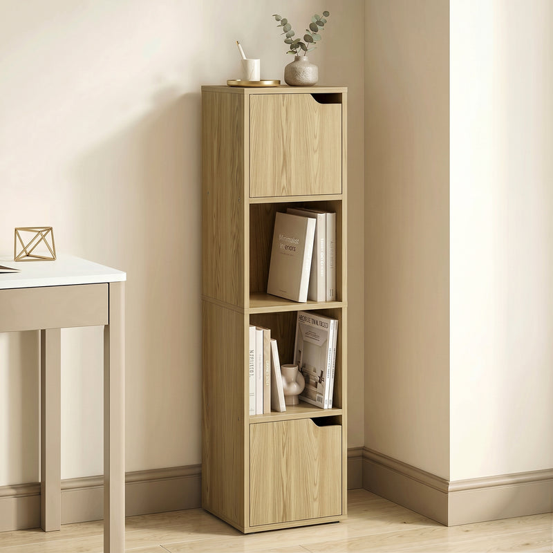 Slim Corner Bookcase with Shelves and Cabinets for Small Spaces Oak