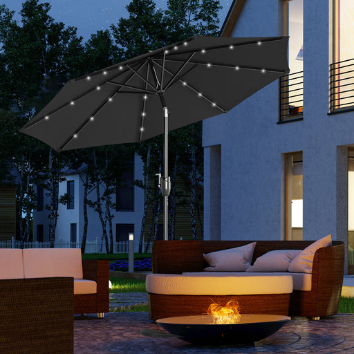 Black 27m Solar Garden Parasol with Tilt Crank and 24 LED Lights for Patio Shade