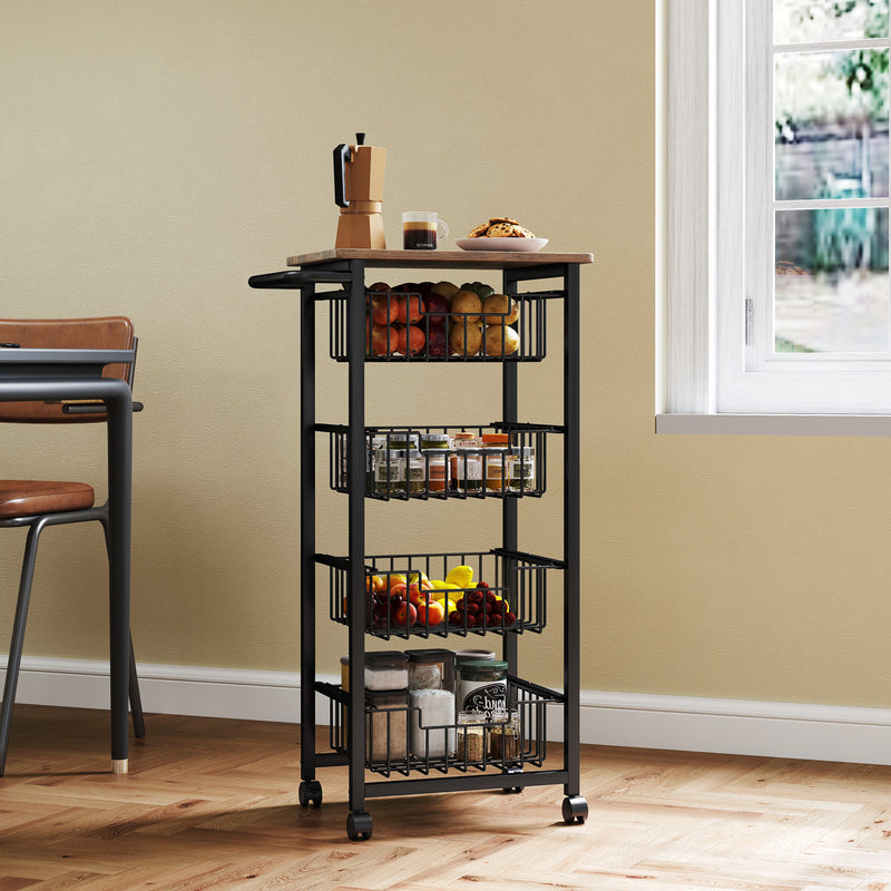 Kitchen Storage Trolley with 4 Mesh Baskets and Wood Effect Top for Extra Worktop Space Oak Black