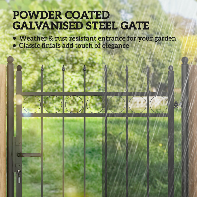 Black Galvanised Steel Garden Gate with Lock and Classic Finials 105 x 204 cm