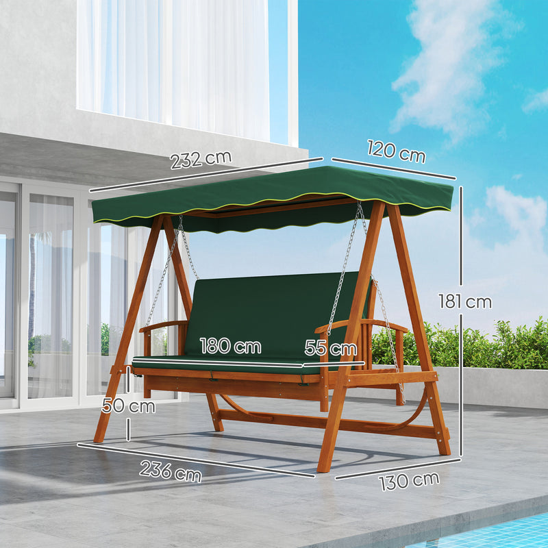 Wooden 3 Seater Garden Swing Chair Convertible Hammock Bench Lounger Dark Green Cushions by Outsunny