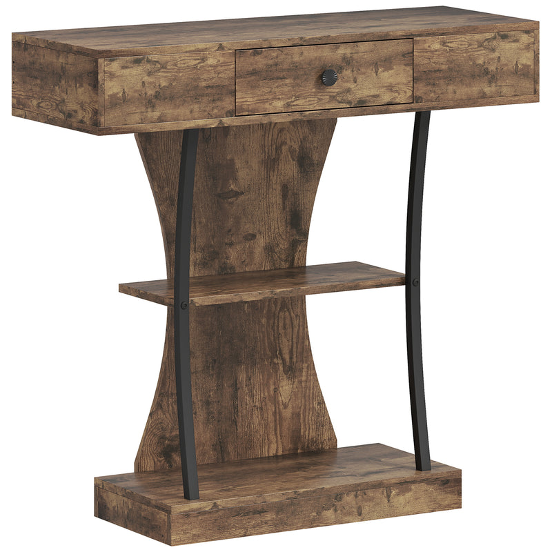 Industrial 3 Tier Console Table with Drawer and Storage Shelves for Hallway Rustic Brown AOSOM