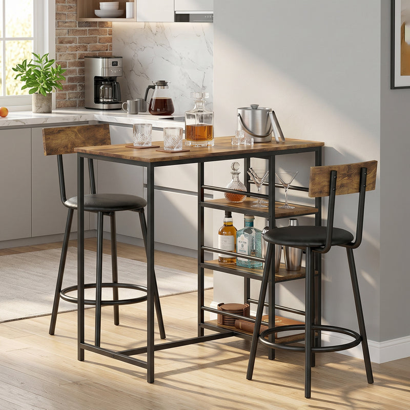 Bar Table Set with Storage Shelves and Space Saving Chairs for Small Dining Areas Rustic Brown