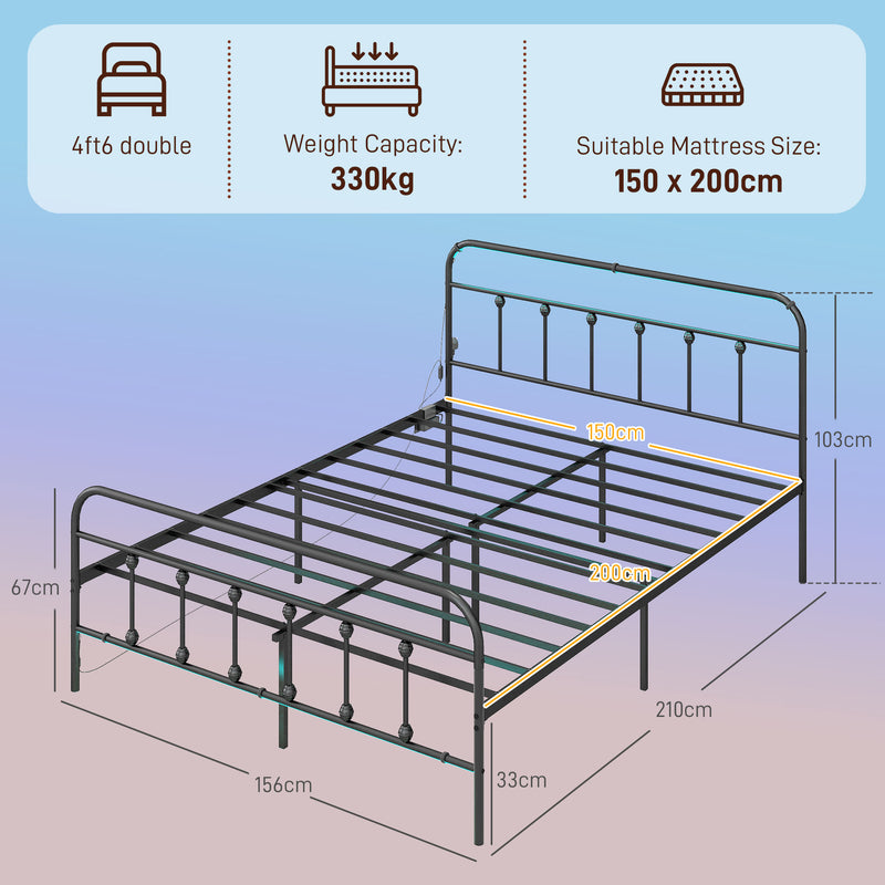 King Size Metal Bed Frame with LED Lights Charging Station and Under Bed Storage Black