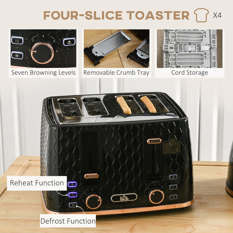 Fast Boil Kettle and 4 Slice Toaster Set with Adjustable Browning Control Black