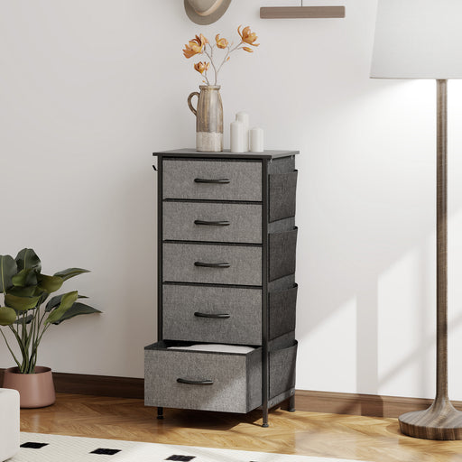 Tall Chest of 5 Fabric Storage Drawers for Bedroom or Hallway Organising, Charcoal Grey