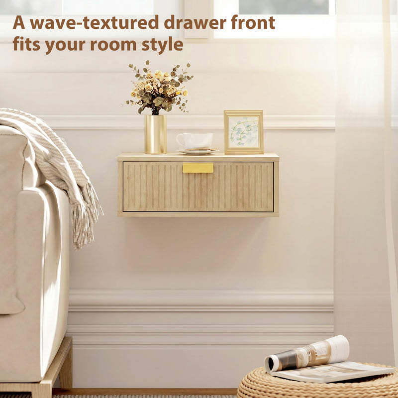 Floating Wall Mounted Bedside Table Set with Drawer for Clutter Free Storage Oak