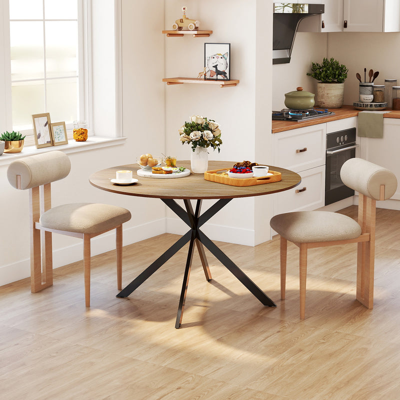 4 Seat Round Dining Table Industrial Style with Wood Effect Top and Black Steel Frame for Kitchen