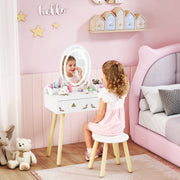 Kids Vanity Table and Chair Set with LED Mirror and Storage for Ages 3 and Up White AOSOM