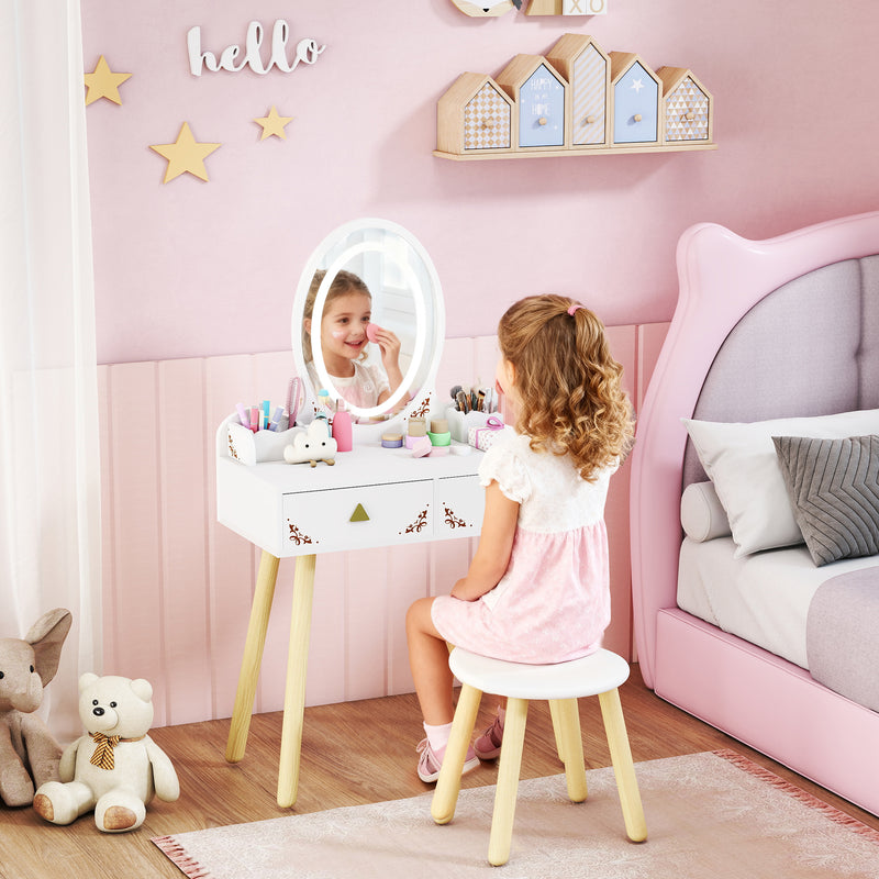 Kids Vanity Table and Chair Set with LED Mirror and Storage for Ages 3 and Up White AOSOM