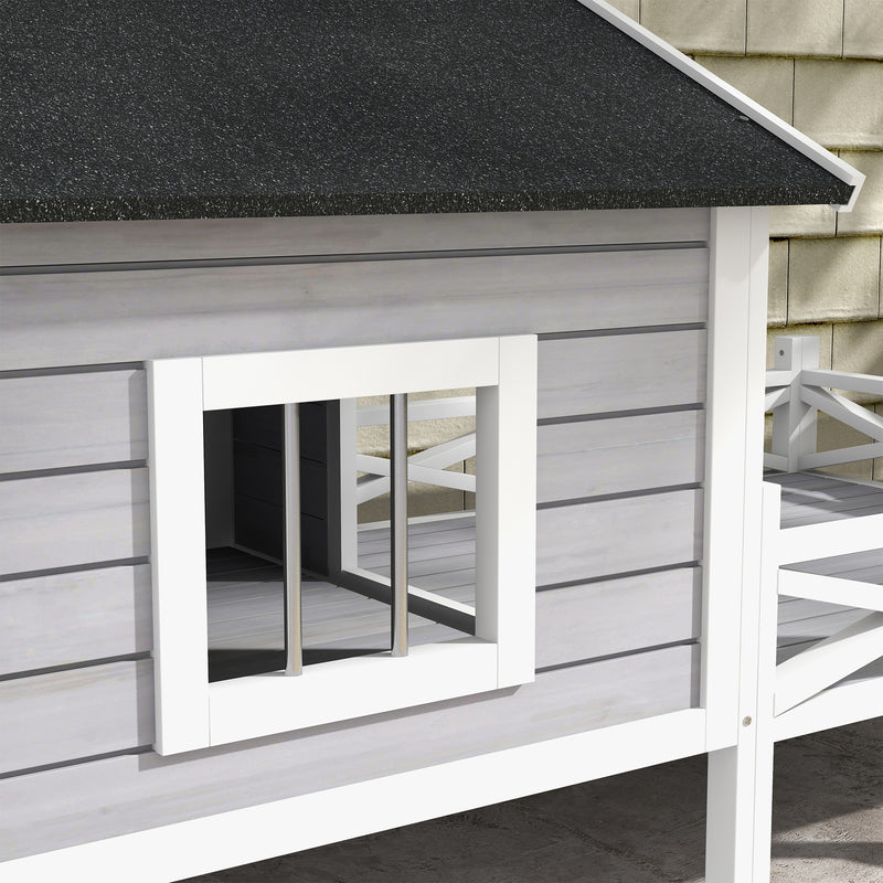 Outdoor Wooden Dog House with Covered Porch for Small to Medium Pets, Grey