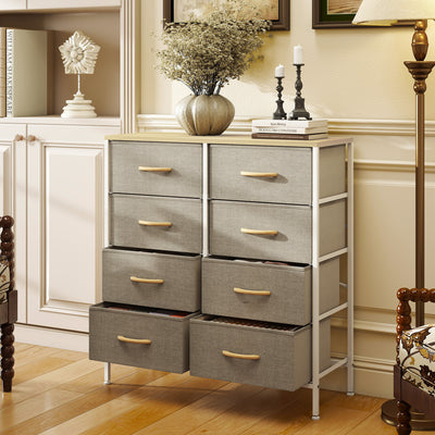 Industrial Style Chest of Drawers with 8 Fabric Storage Units and Wooden Top for Bedroom Maple Wood Effect