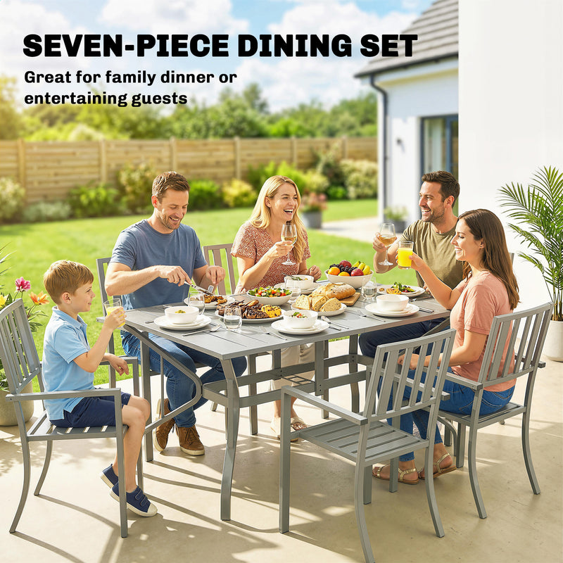 Garden Dining Set for 6 with Stacking Chairs and Weatherproof Steel Frame, Light Grey