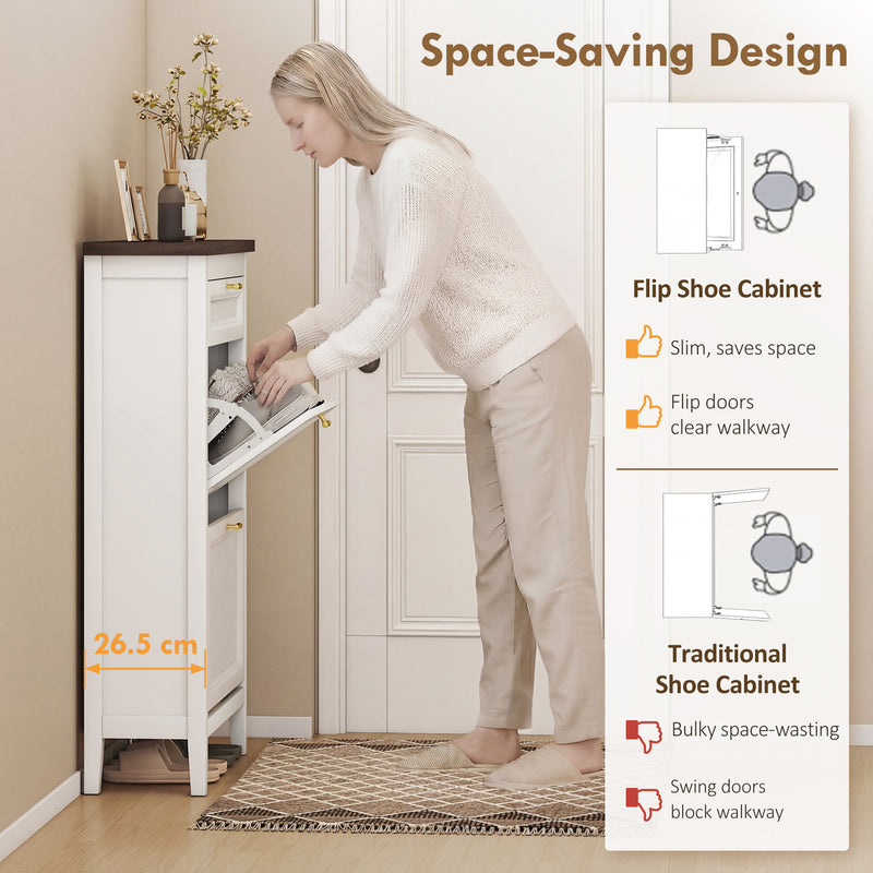 Slim Shoe Storage Cabinet for Narrow Hallways with 2 Flip Drawers and Top Drawer, White Homcom