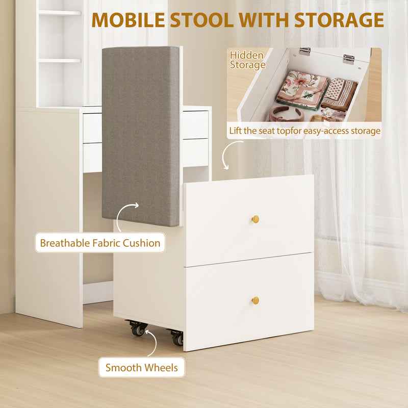 Dressing Table Set with Mirror and Storage Stool for Small Bedrooms White
