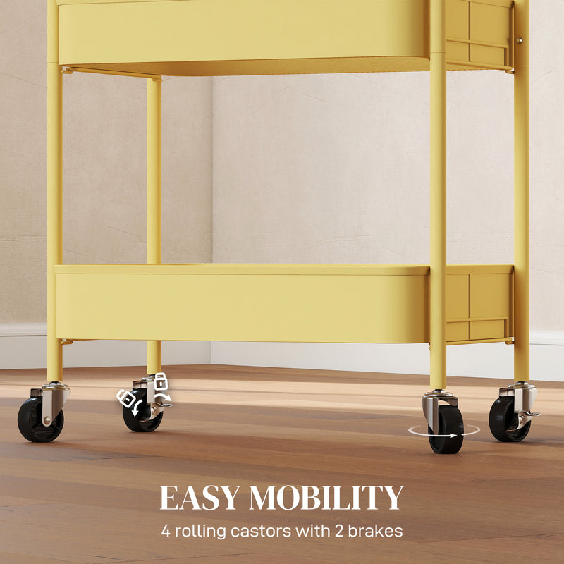 Three Tier Steel Storage Trolley With Wheels For Kitchen Or Office Use, Yellow