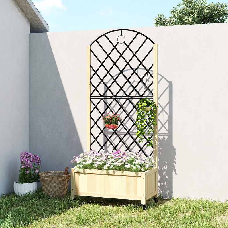 Wooden Raised Garden Planter with Trellis and Wheels for Privacy and Climbing Plants Natural Outsunny