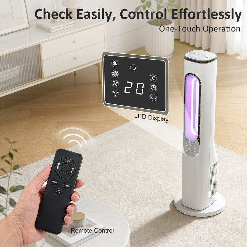 Bladeless Tower Fan for Quiet Cooling and Safe Sleep in Bedrooms and Family Rooms White