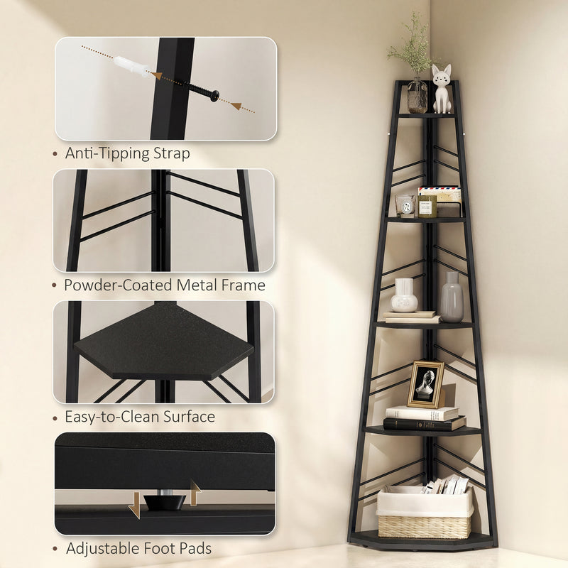 Corner Bookcase with Five Shelves for Space Saving Storage and Display Black AOSOM