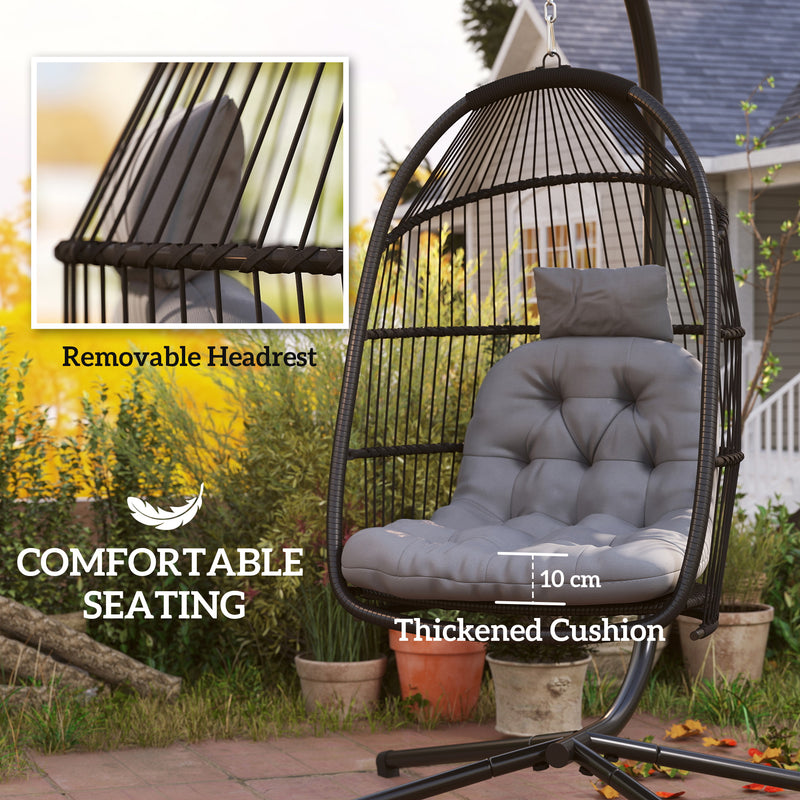 Dark Grey Rattan Hanging Egg Chair with Stand and Cushion for Garden or Indoor Use by Outsunny