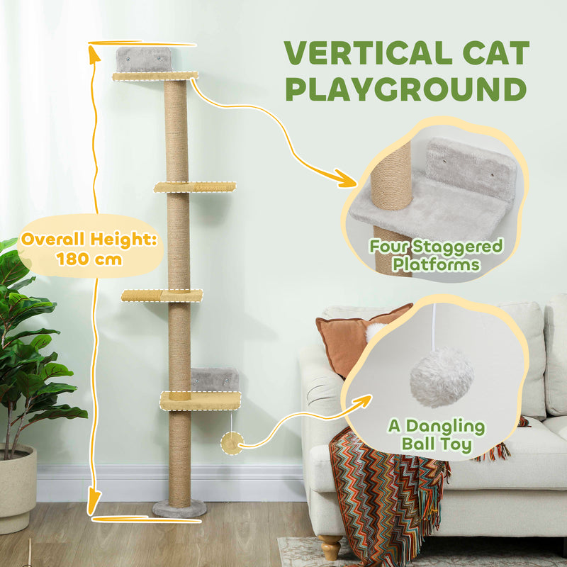 Wall Mounted Cat Climbing Shelves With Scratching Post and Toy Ball 180cm Tall For Indoor Catshi, Light Grey