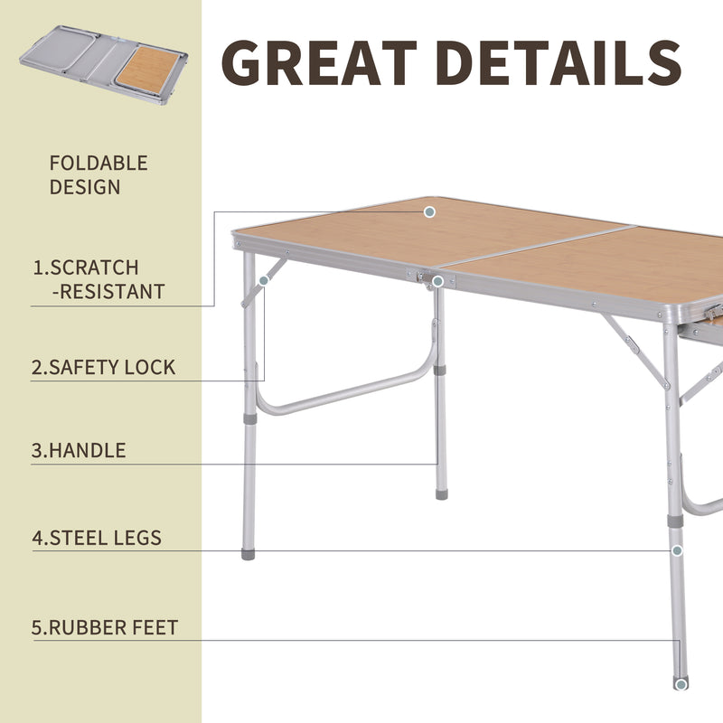 Folding Camping Table with Adjustable Height and Pull Out Side Table for Outdoor Dining Bamboo