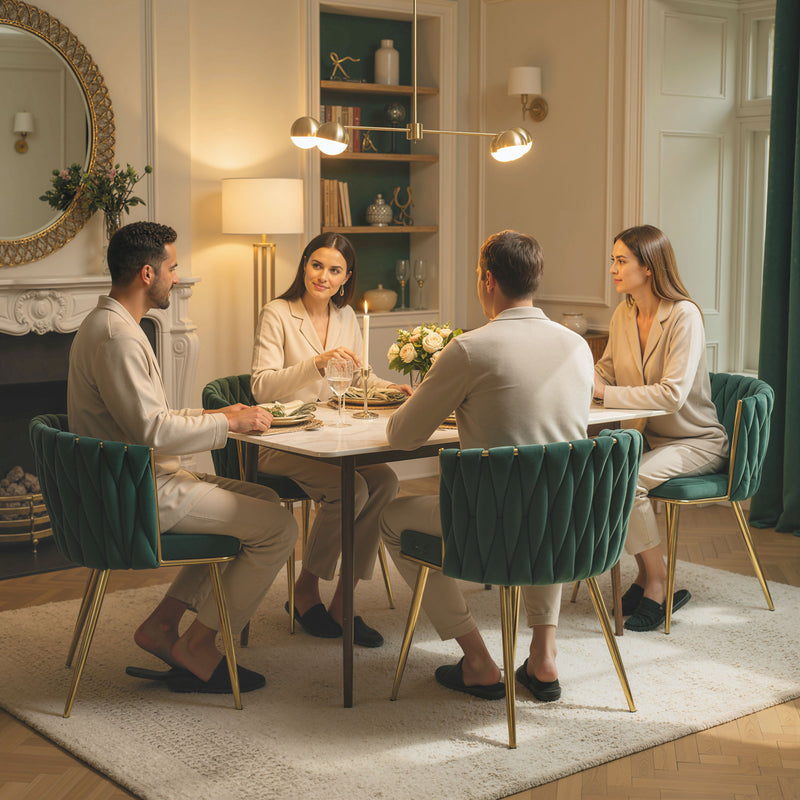 Set of 2 Velvet Dining Chairs with Armrests and Woven Backrest for Home Comfort Dark Green Homcom