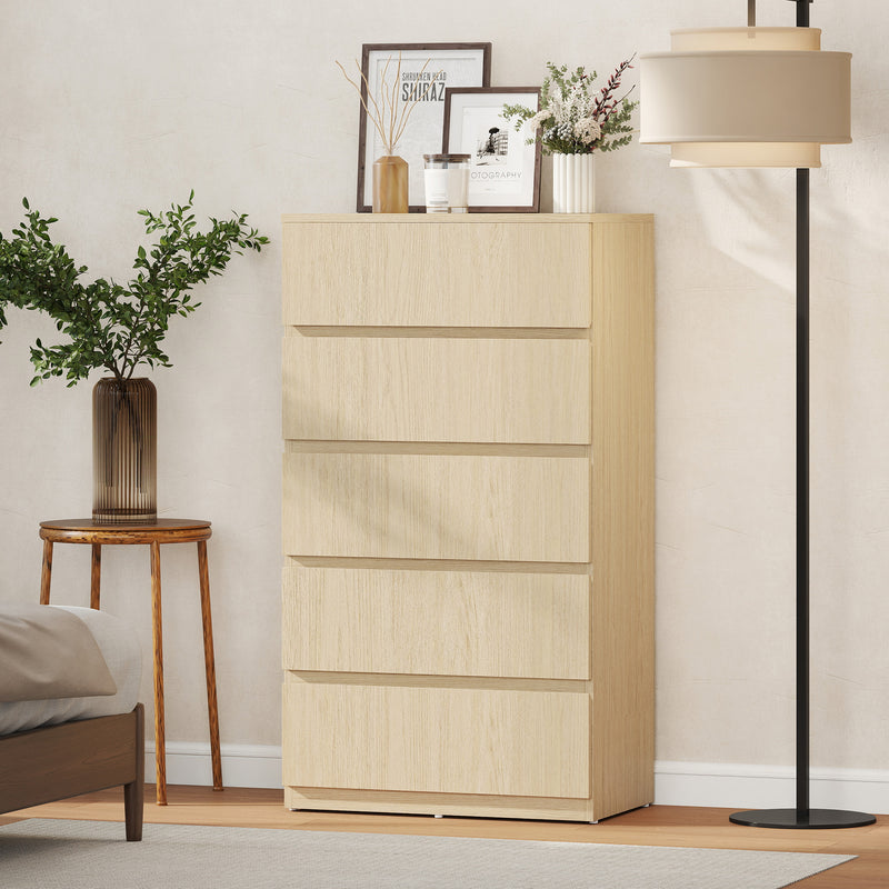 Chest of Drawers with 5 Spacious Handleless Drawers for Bedroom Storage Natural Wood AOSOM