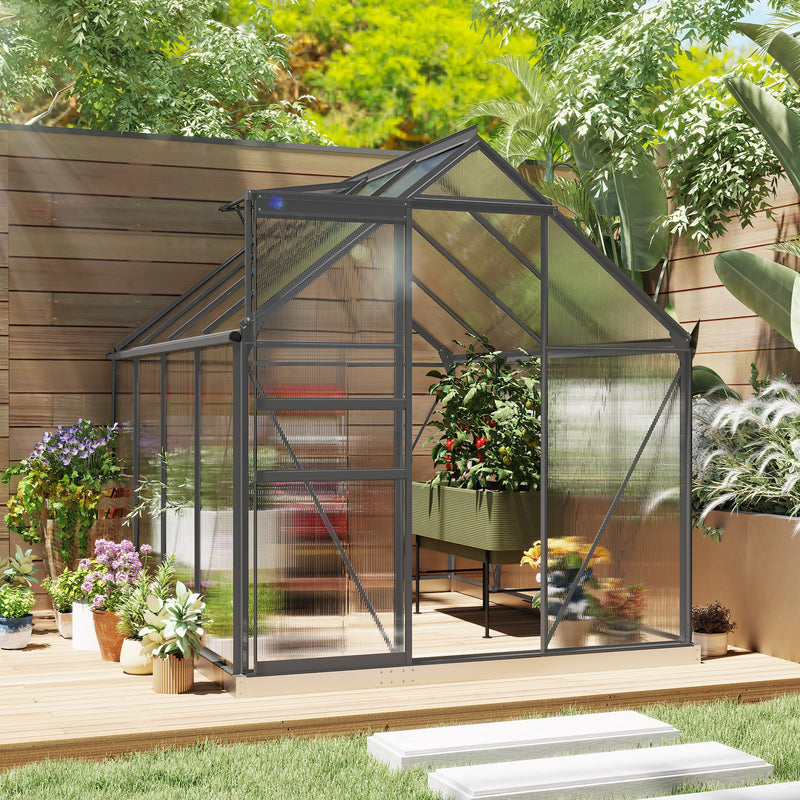 Walk In Polycarbonate Greenhouse with Roof Vent Ideal for Garden Growing, Dark Grey, 190x253x199cm