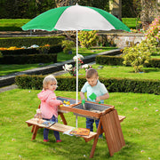 Kids Wooden Picnic Table with Benches Sand and Water Play Adjustable Parasol by Outsunny