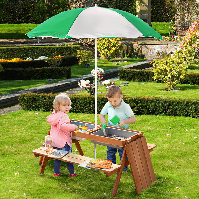 Kids Wooden Picnic Table with Benches Sand and Water Play Adjustable Parasol by Outsunny