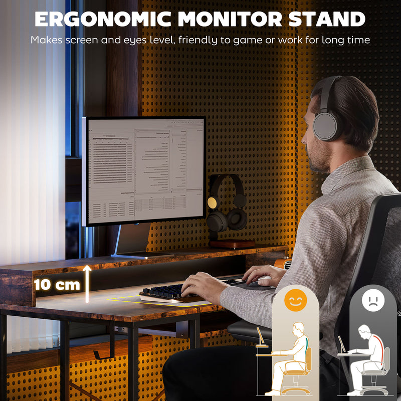 Reversible Computer Desk with LED Lights and Power Outlets 120cm Gaming Desk Rustic Brown by HOMCOM