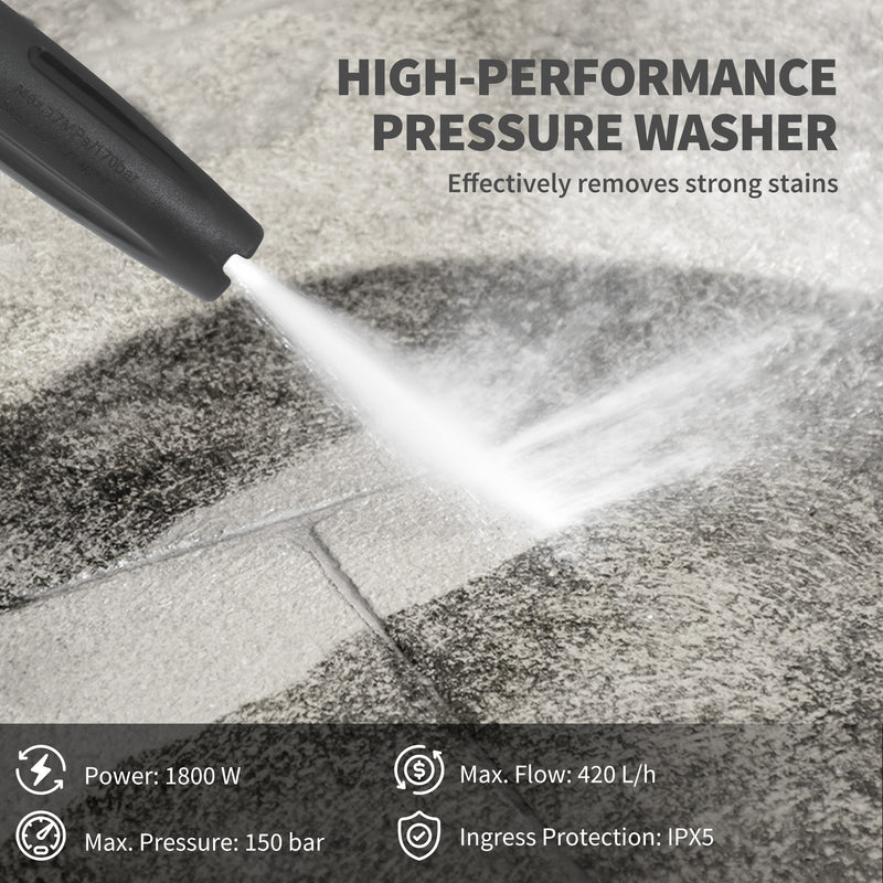 1800W High Pressure Washer 150 Bar with Adjustable Nozzle and 6M Hose for Car and Patio by Outsunny AOSOM