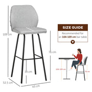 Set of 4 Upholstered Bar Stools with Backs Steel Legs for Kitchen or Dining Room Light Grey AOSOM