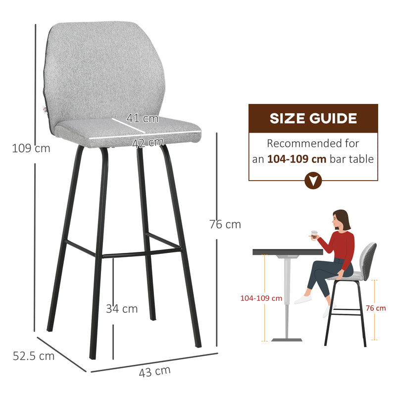 Set of 4 Upholstered Bar Stools with Backs Steel Legs for Kitchen or Dining Room Light Grey AOSOM