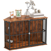 Rustic Brown Corner Dog Crate Furniture with Bowls and Lockable Doors for Small Medium Dogs by PawHut