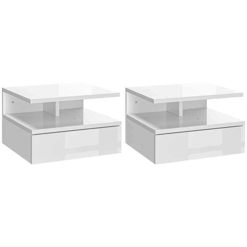 Set of Two White Floating Bedside Tables with High Gloss Finish by HOMCOM
