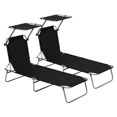 Black Foldable Sun Lounger Set With Adjustable Backrest And Sun Shade For Garden Patio