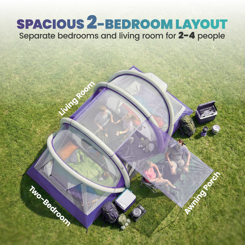Inflatable Family Tent with Two Bedrooms and Fast Five Minute Setup for Easy Camping Purple White